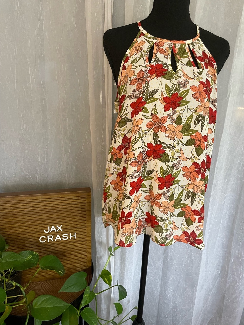 Papermoon Cream Floral Halter Neck Blouse with Red & Peach Flowers